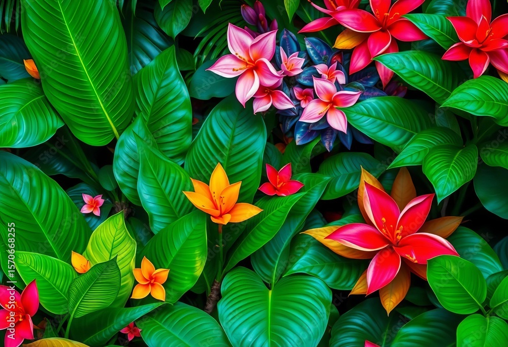Fototapeta premium Vibrant tropical foliage, lush leaves, exotic blooms, botany, lush