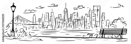 new york city skyline view from park sketch vector