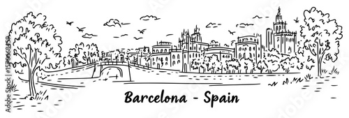 barcelona city skyline spain line art vector