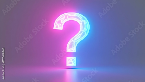 Question icon A colorful neon-lit question mark rendered digitally in pink and blue hues, glowing against a pure white background