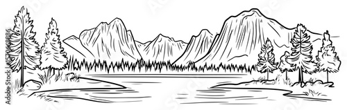 alpine mountain lake forest line art vector landscape