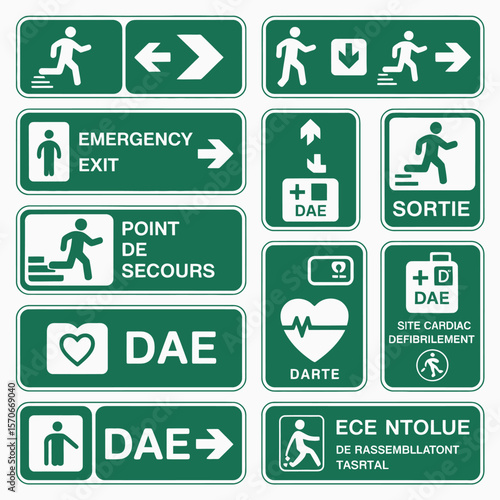 Collection of Green Emergency Exit and Defibrillator Location Signs Featuring Running Figures Arrows and Text in French and Other Languages