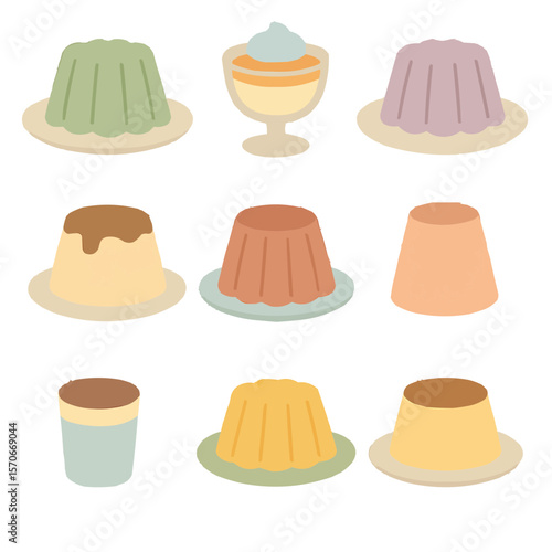 くすみカラーのシンプルでカラフルなゼリーとプリンのイラストセット