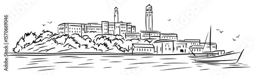 middle eastern coastal town harbor with boat sketch vector