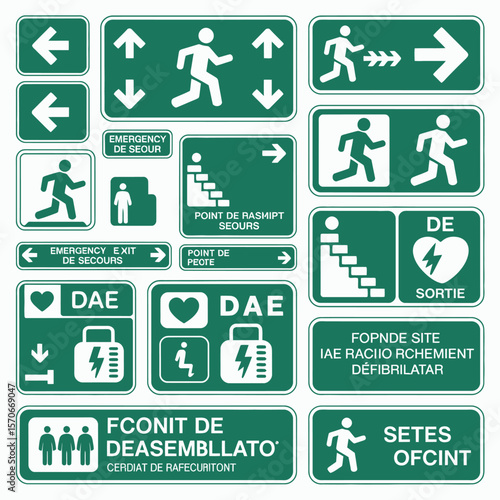 Collection of Green Emergency and Safety Signs with White Symbols and French Text Indicating Directions Exits Assembly Points and Defibrillator Locations
