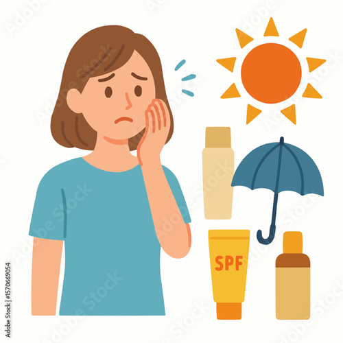 日焼けを気にする女性とUVケアアイテムのイラストセット