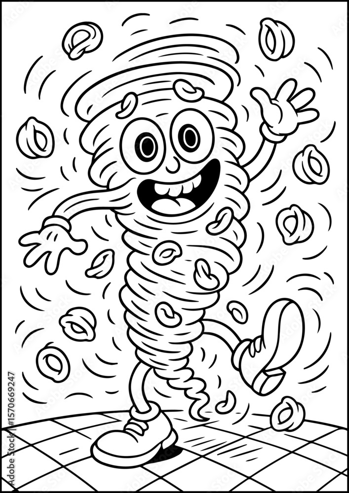 Obraz premium The Cheesy Kingdom Tortellini Twisterino Coloring Page is A tortellini twister with spinning shoes and crazy eyes, dancing in chaos. A silly and energetic pasta character to color.