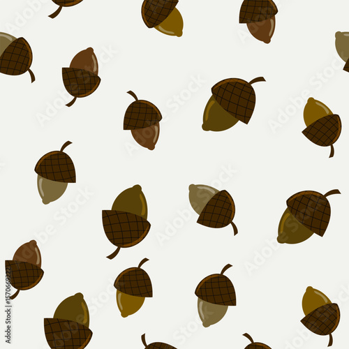Seamless pattern of scattered autumn acorns in earthy tones. Minimalistic vector design, perfect for fall season backgrounds and forest themed baby decor.