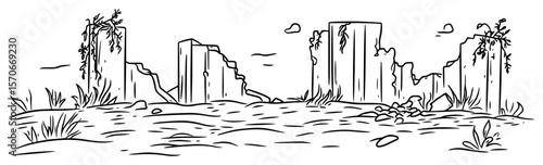 post apocalyptic ruined city landscape sketch vector