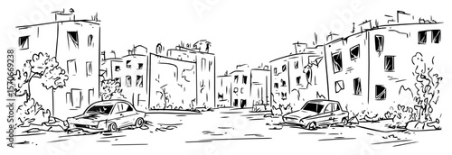 destroyed city street with ruins sketch vector