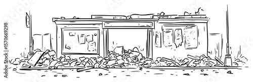destroyed ruined building with rubble sketch vector