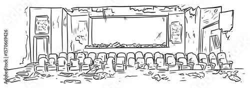 abandoned ruined cinema theater interior sketch vector