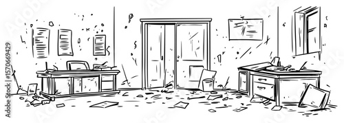 abandoned messy office room interior sketch vector
