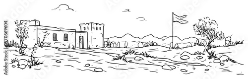 desert outpost fort with flag vector illustration