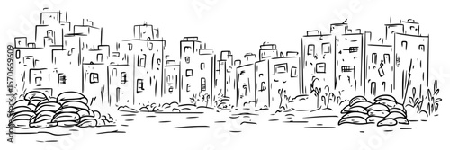 war torn city skyline with sandbags vector illustration