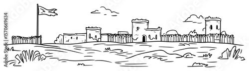walled desert fortress compound with towers vector illustration