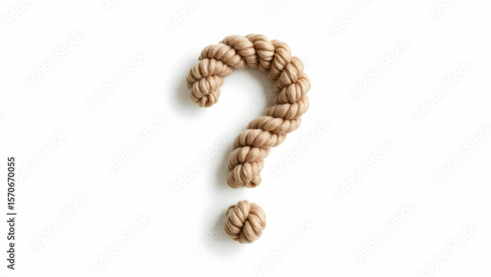 Obraz premium Question icon A question mark made of wool yarn, designed in handmade style, shown in close-up on a pure white background