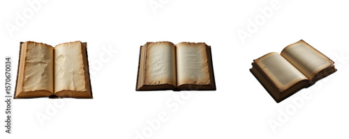 Three different perspectives of an aged open book showing weathered blank pages in a row