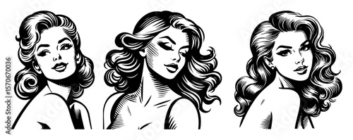 beautiful retro woman head portrait sketch vector