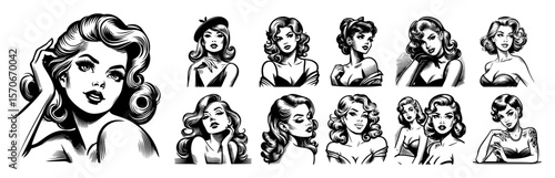 retro pinup girl woman portrait set vector sketch