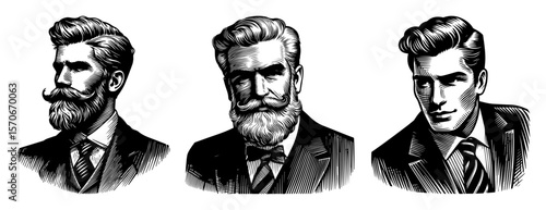 gentleman head portrait with beard vector sketch set