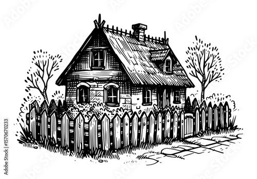 thatched roof cottage with picket fence vintage vector