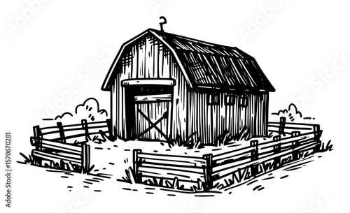 wooden barn with fenced paddock line art vector illustration