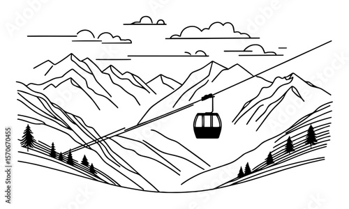 cable car in mountains line art vector landscape