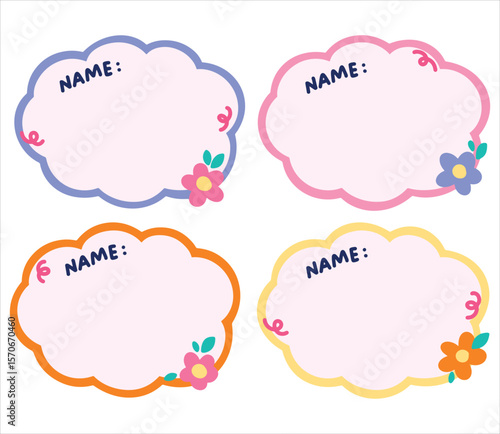 Cute colorful nametag with flower and doodle clipart for back to school