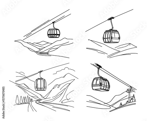 cable car gondola in mountains sketch set vector