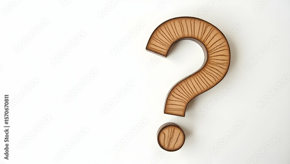 Naklejka premium Question icon A wooden question mark carved with grain patterns visible, lying on white surface in flatlay style