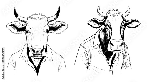 cow and bull head on man body sketch vector