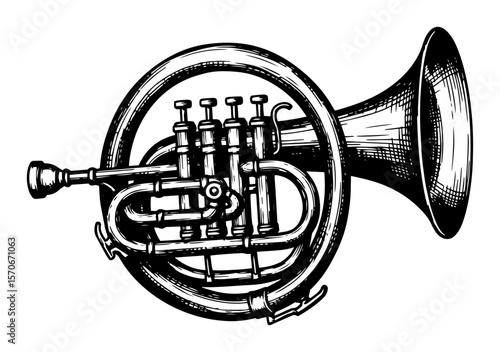 french horn brass instrument vintage engraving illustration
