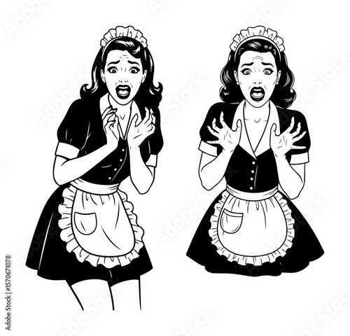 scared retro maid pinup girl vector illustration