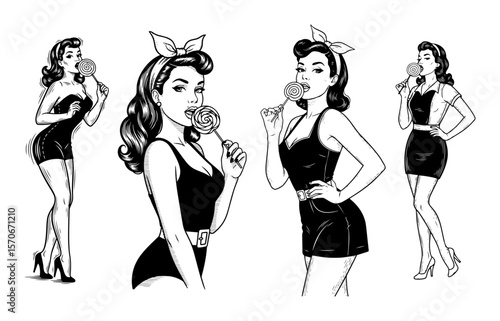 retro pinup girl with lollipop character set vector