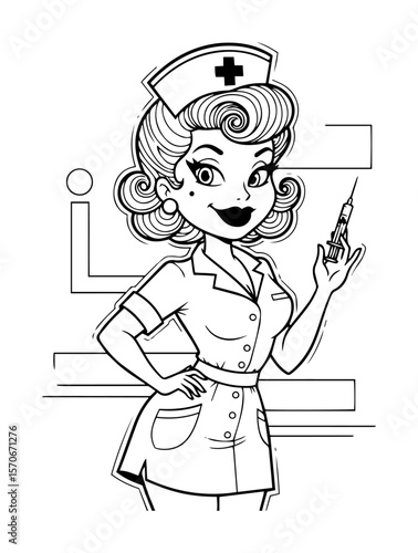 retro pin up nurse holding syringe illustration
