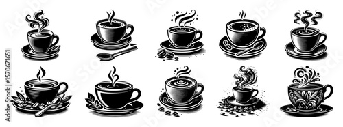 vintage coffee cup icon set vector sketch illustration