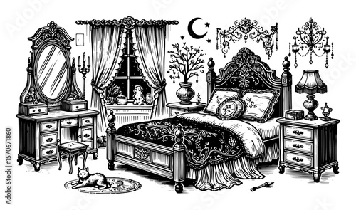 gothic vintage bedroom interior sketch vector illustration