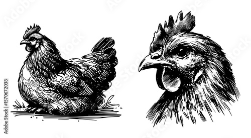 hen and rooster head vintage engraving vector illustration
