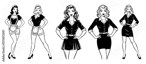 retro pinup girl waitress character set vector illustration