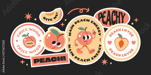Groovy peach sticker collection. Trendy seasonal fruits label, badges, patchs, logos with quotes.