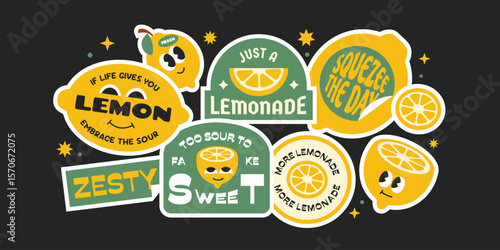 Groovy lemon sticker collection. Trendy seasonal fruits label, badges, patchs, logos with quotes.