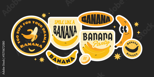 Groovy banana sticker collection. Trendy seasonal fruits label, badges, patchs, logos with quotes.