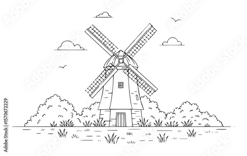 countryside windmill landscape line art vector illustration