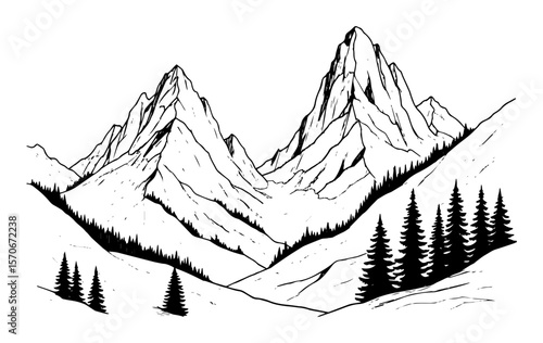 mountain range landscape with forest sketch vector