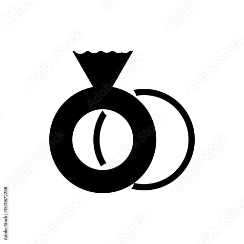 Simple black silhouette of two wedding rings intertwined symbolizing love and commitment.