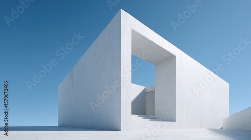 Minimal duplex pure white monolithic form with central void sharp top-down daylight accentuating cutout depth precise control across