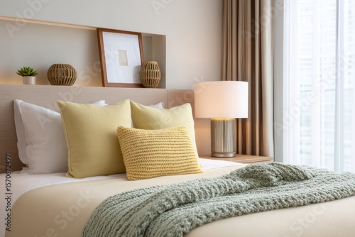 Guest room in butter yellow and seafoam green, natural backlighting casting layered volumetric haze across bed, subtle textile
