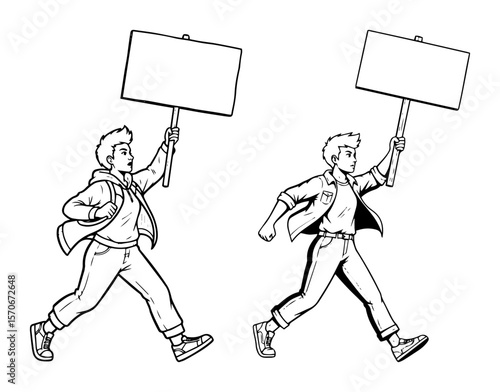 protesters running with blank signs sketch vector