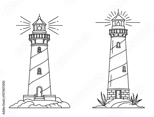 two lighthouses line art black and white